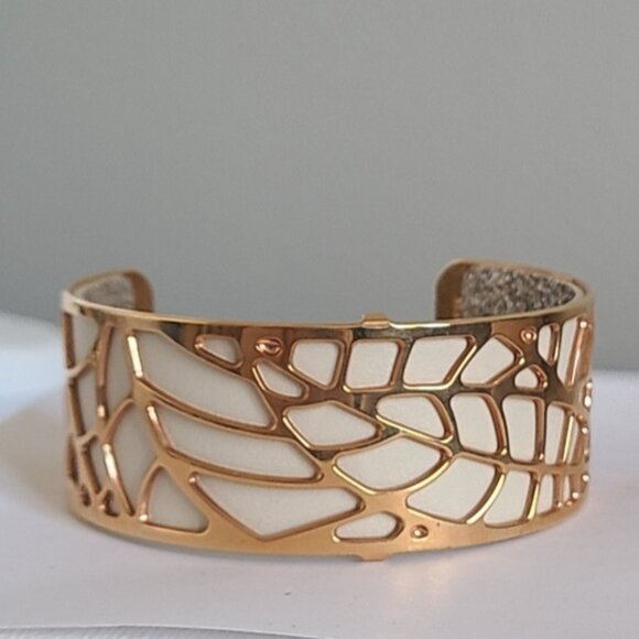 Vintage Les Georgettes Rose Gold Cream Leather Sparkle Wide Open Cuff Bracelet - Picture 1 of 14